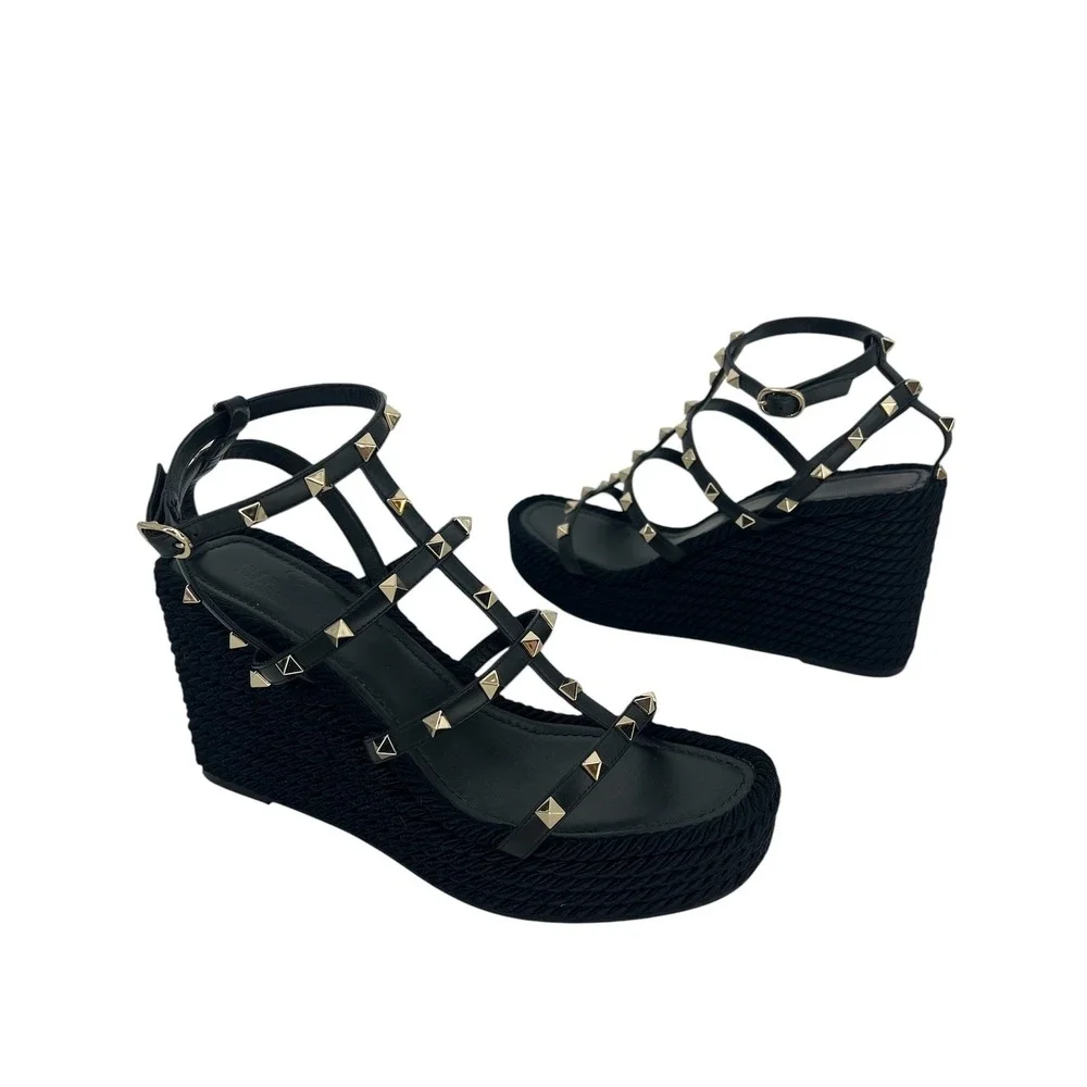 Valentino Garavani Rockstud Calfskin Wedge Sandals Black Size 41